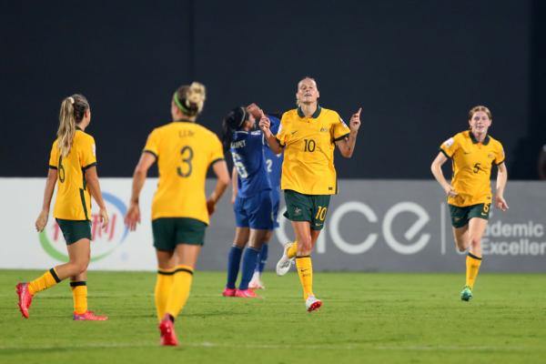 Emily van Egmond (2nd R) of Australia celebrates scoring her side's first goal during the AFC Women's Asian Cup Group B match between Australia and Thailand at Mumbai Football Arena on January 27, 2022 in Mumbai, India. (Photo by Thananuwat Srirasant/Getty Images)