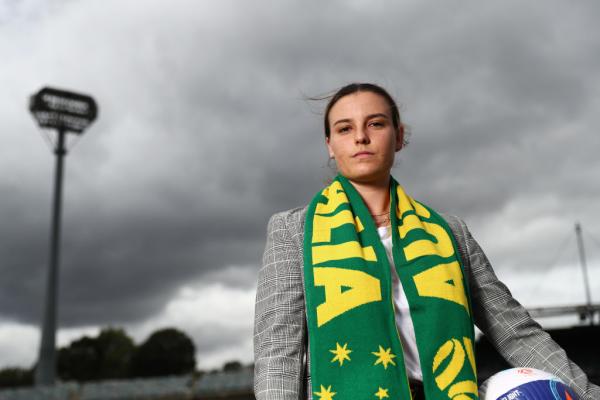Chloe Logarzo of the Matildas poses during a Matildas media opportunity at GIO Stadium on March 01, 2022 in Canberra, Australia. (Photo by Mark Metcalfe/Getty Images for Football Australia)