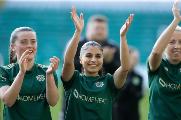Jacynta Galabadaarachchi celebrates uring a Scottish Women's Premier League match between Celtic and Hibernian at Celtic Park, on March 26, 2022, in Glasgow, Scotland. (Photo by Craig Williamson/SNS Group via Getty Images)