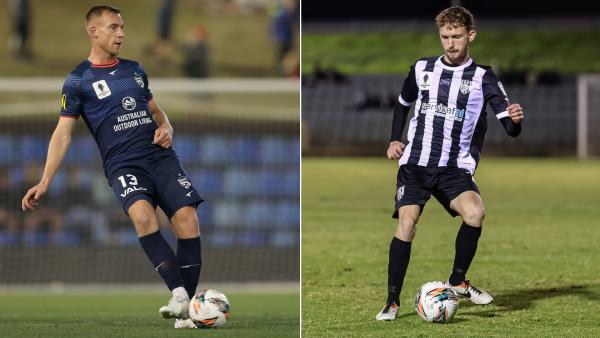 Lachlan Barr of Adelaide United and Charlie Devereux of Adelaide City