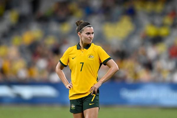 Steph Catley of Australia looks on during the International Women's match between the Australia Matildas and the New Zealand Football Ferns at Queensland Country Bank Stadium on April 08, 2022 in Townsville, Australia. (Photo by Ian Hitchcock/Getty Images)